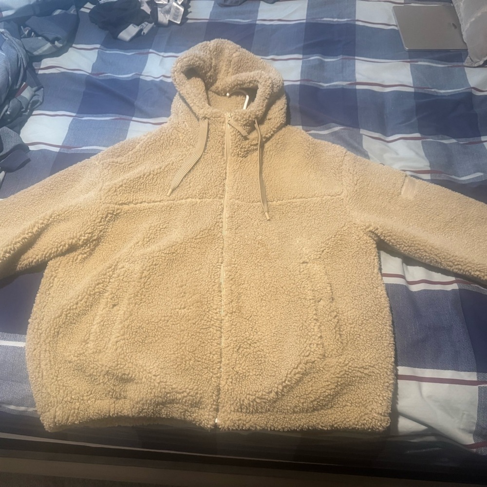 Bershka Hooded Sherpa Jacket in Sand